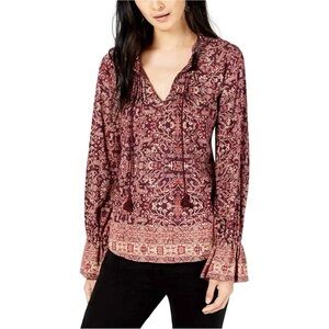 Lucky Brand Top Floral Knit Ruffle Tie Neck Purple XS Long Sleeve Boho Casual